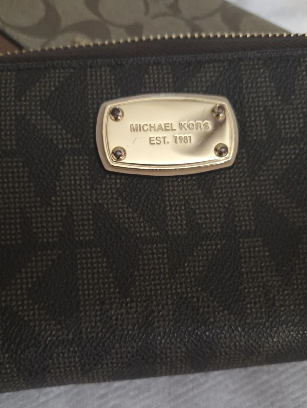 Michael Kors Brown Monogram Zip-Around Wallet with Gold Plate